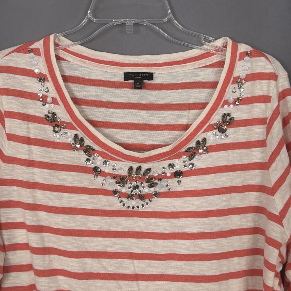 Talbots Top Women 1X Coral Stripe Beaded Neck 3/4 Sleeve Cotton Knit IN3048 - Picture 5 of 7